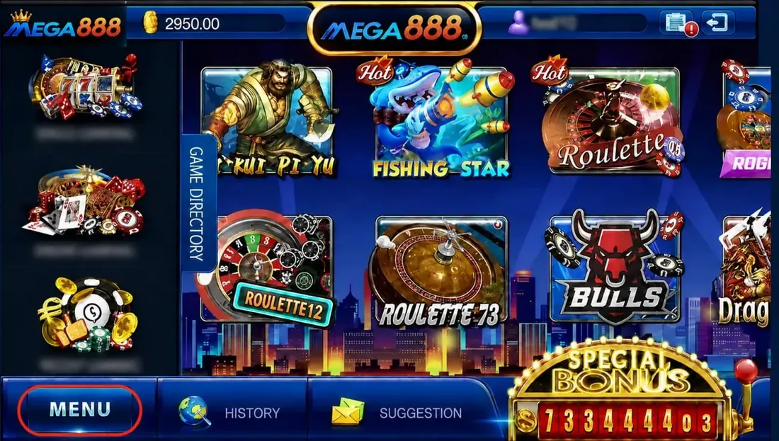 Lobi game Mega888 dengan Fishing Star, Roulette dan Bulls