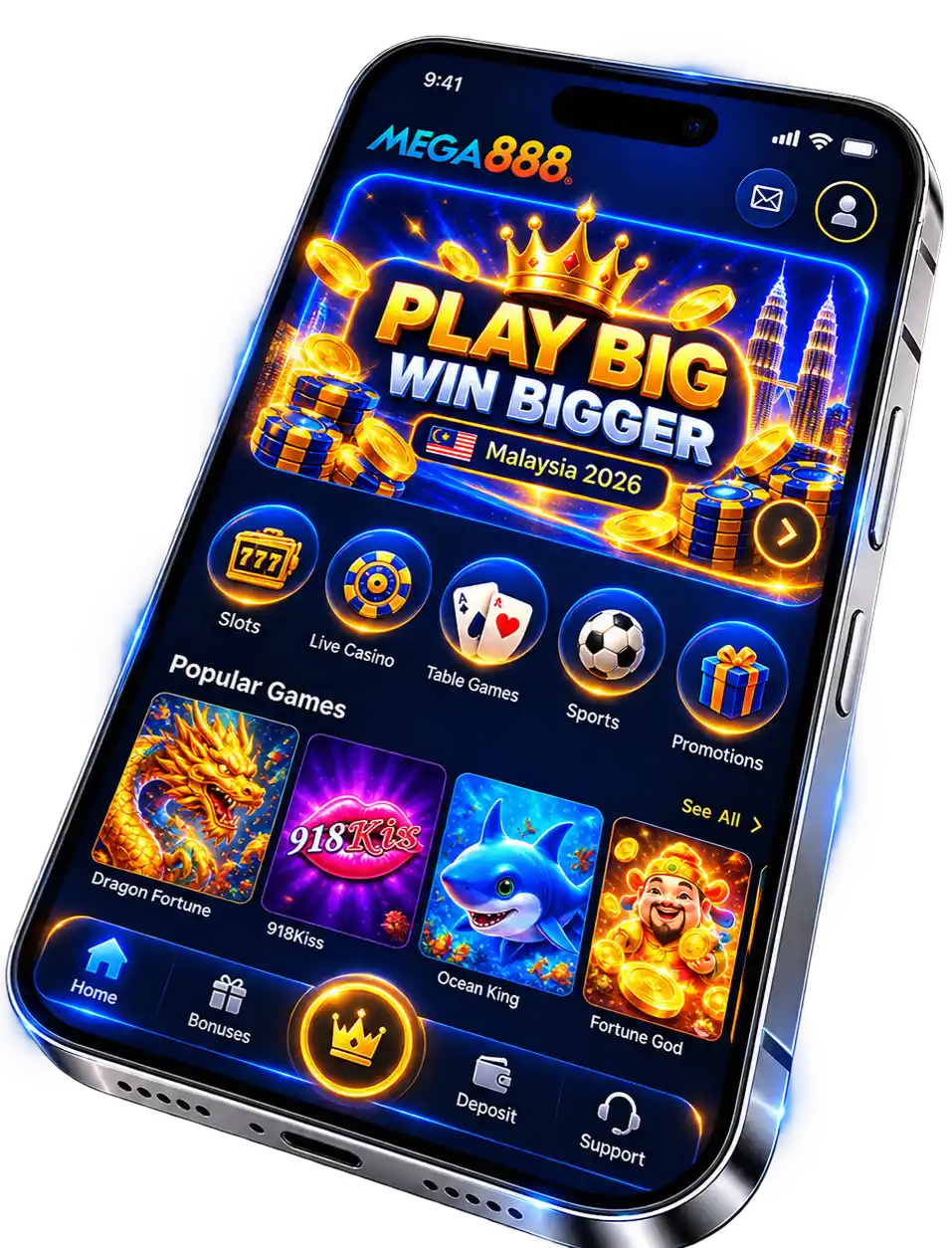 Aplikasi Mega888 pada dua telefon: skrin utama dan skrin ID Test & Login